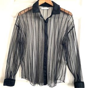 OAK + FORT Black Sheer Striped Button Down Long Sleeve collard Blouse XS  Mesh